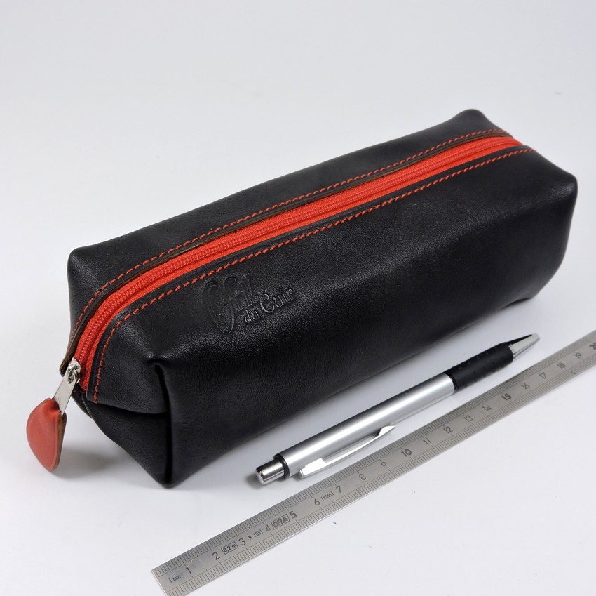 Trousse carrée stylos crayons école maroquinerie Lyon cuir bicolore