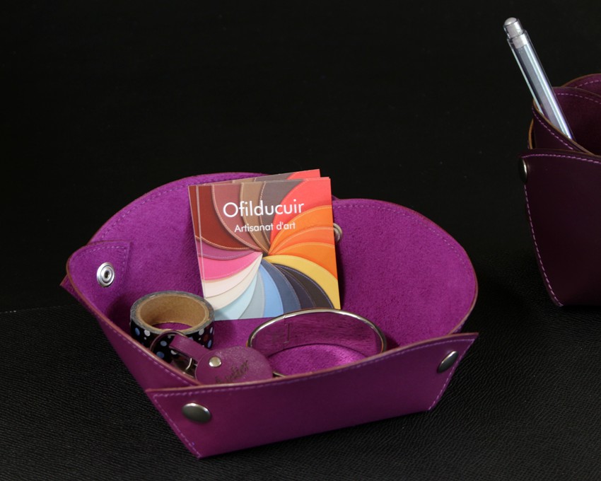 vide-poche-cuir-violet-ofilducuir Vide poches cuir violet accessoires bureau cuir ofilducuir