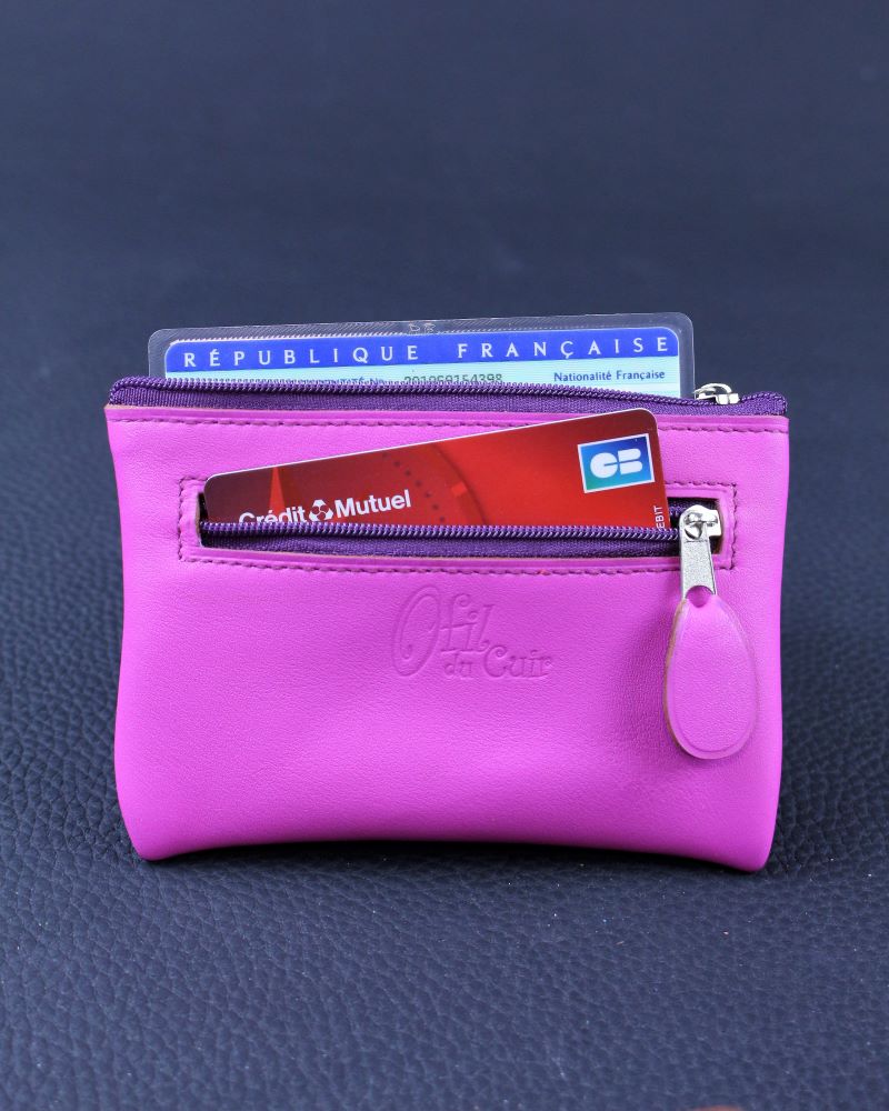 Pochette-porte-monnaie-cuir-fuchsia-ofilducuir-maroquinerie-lyon Porte monnaie en cuir fuchsia avec deux poches doublées en tissus africain et zip violet