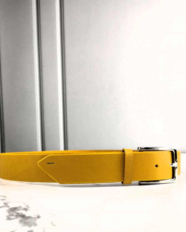 Ceinture-cuir-vegetal-homme-jaune-ofilducuir Ceinture cuir végétal jaune homme cousue main fait à Lyon