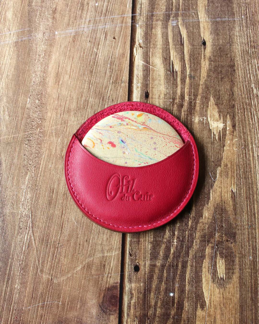 Miroir-rond-fuchsia Miroir rond en papier japonais avec étui en cuir fuchsia